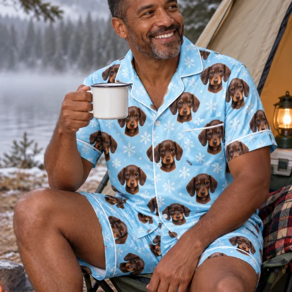 Man sitting in mens pajama shorts covered in brown dachshund puppy faces — MyDogPics