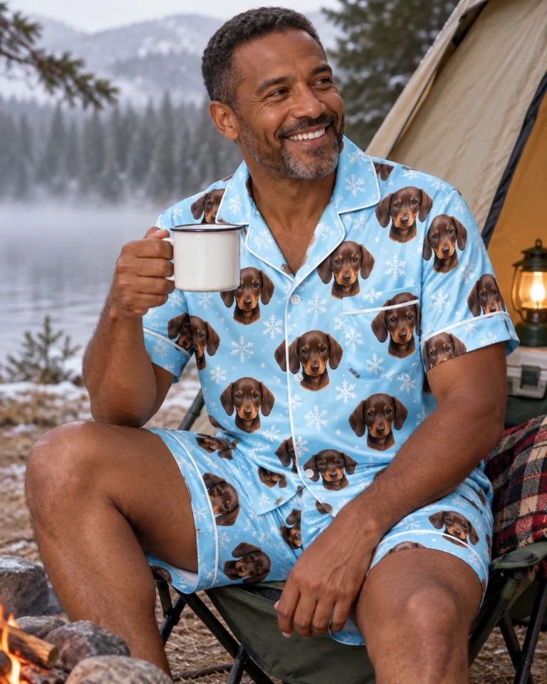 Man sitting in mens pajama shorts covered in brown dachshund puppy faces — MyDogPics