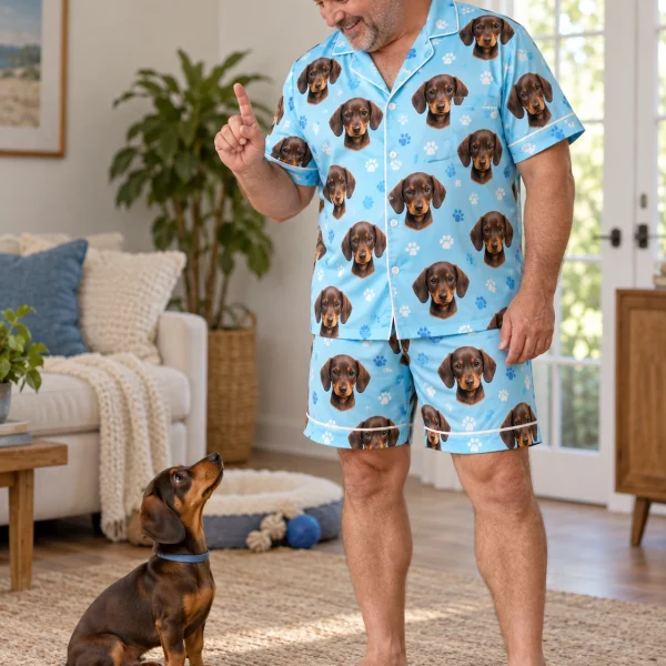 Man in mens pajama shorts with his dachshund — MyDogPics