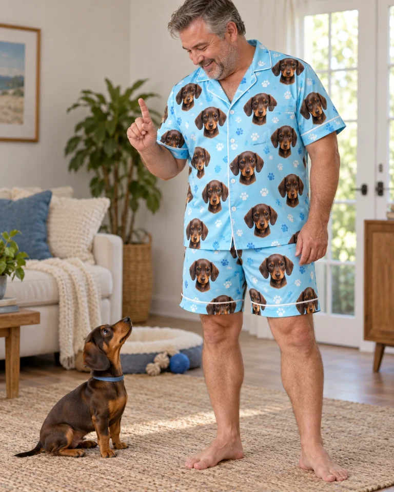 Man in mens pajama shorts with his dachshund — MyDogPics