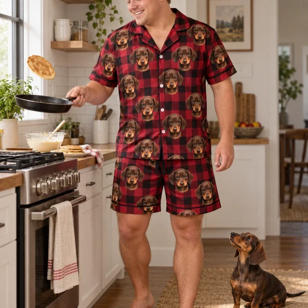 Man in mens pajama shorts with his dachshund — MyDogPics
