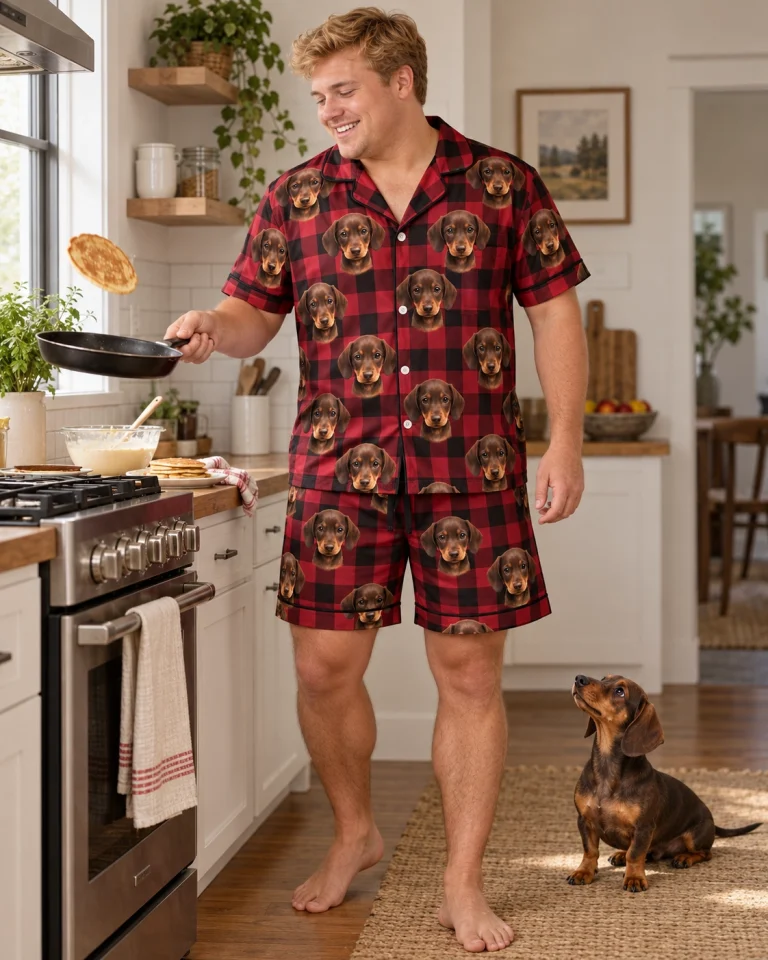 Man in mens pajama shorts with his dachshund — MyDogPics