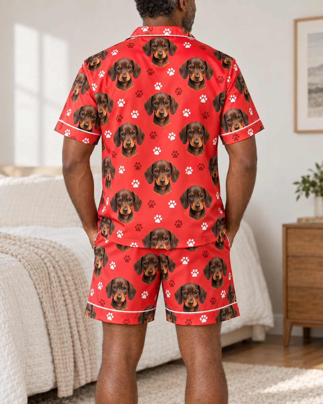 Men’s Pajamas – Back View, Red Paw-Print | MyDogPics Back view of mens pajamas: the print continues all the way round — MyDogPics