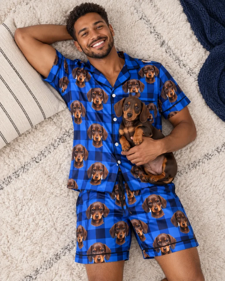 Man in mens pajamas cuddling his dachshund — MyDogPics