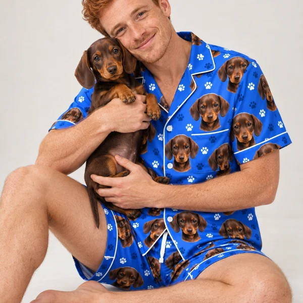 Man in mens pajamas cuddling his dachshund — MyDogPics