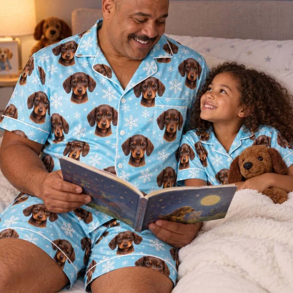 Man and his daughter in matching mens pajamas with brown dachshund puppy faces on light blue snowflake satin — MyDogPics