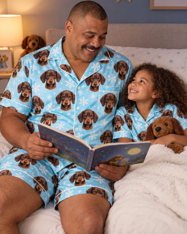 Man and his daughter in matching mens pajamas with brown dachshund puppy faces on light blue snowflake satin — MyDogPics