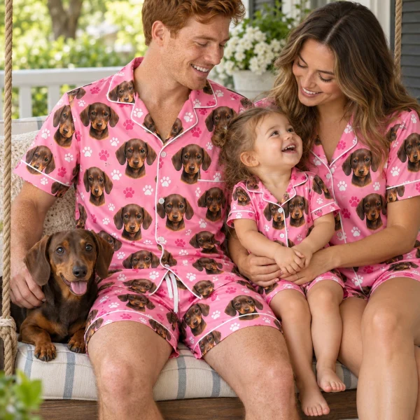 Man and his family in matching mens pajamas with brown dachshund puppy faces on pink paw-print satin — MyDogPics