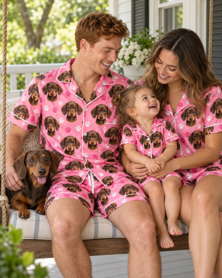 Man and his family in matching mens pajamas with brown dachshund puppy faces on pink paw-print satin — MyDogPics