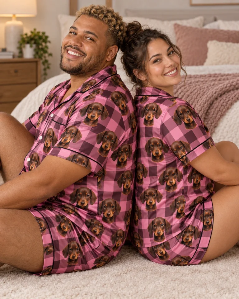 Man and his partner in matching mens pajamas with brown dachshund puppy faces on pink plaid satin — MyDogPics
