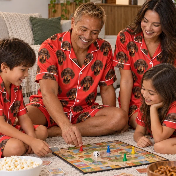 Man and his family in matching mens pajamas with brown dachshund puppy faces on red satin — MyDogPics