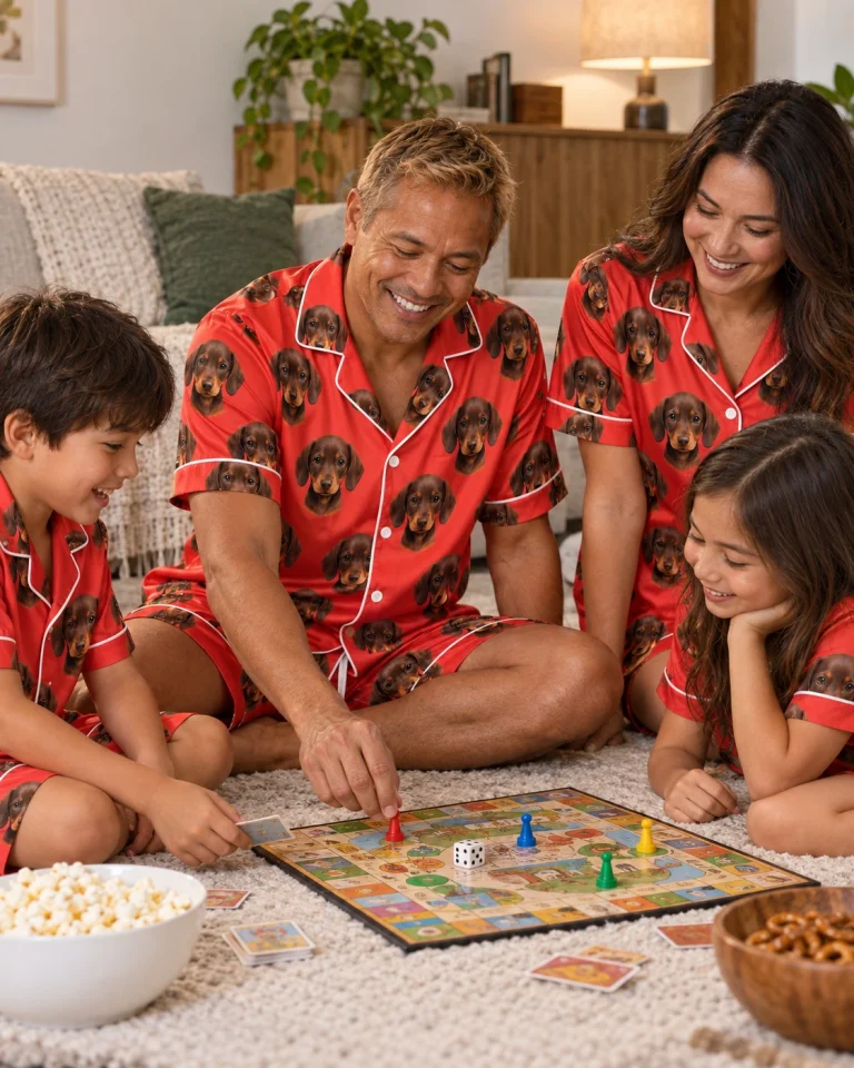 Man and his family in matching mens pajamas with brown dachshund puppy faces on red satin — MyDogPics