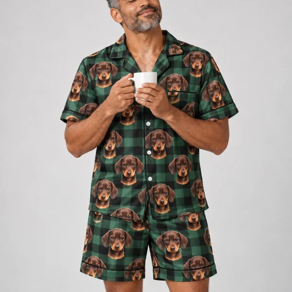 Man wearing mens pajamas covered in brown dachshund puppy faces on green plaid satin — MyDogPics