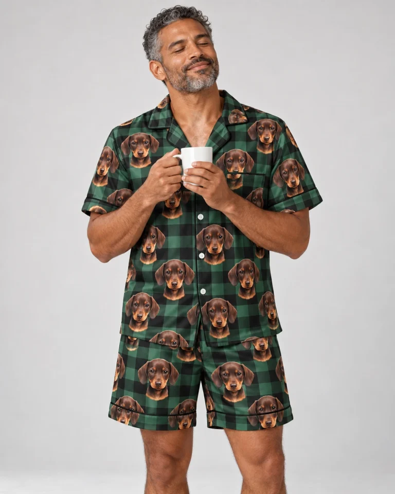 Man wearing mens pajamas covered in brown dachshund puppy faces on green plaid satin — MyDogPics