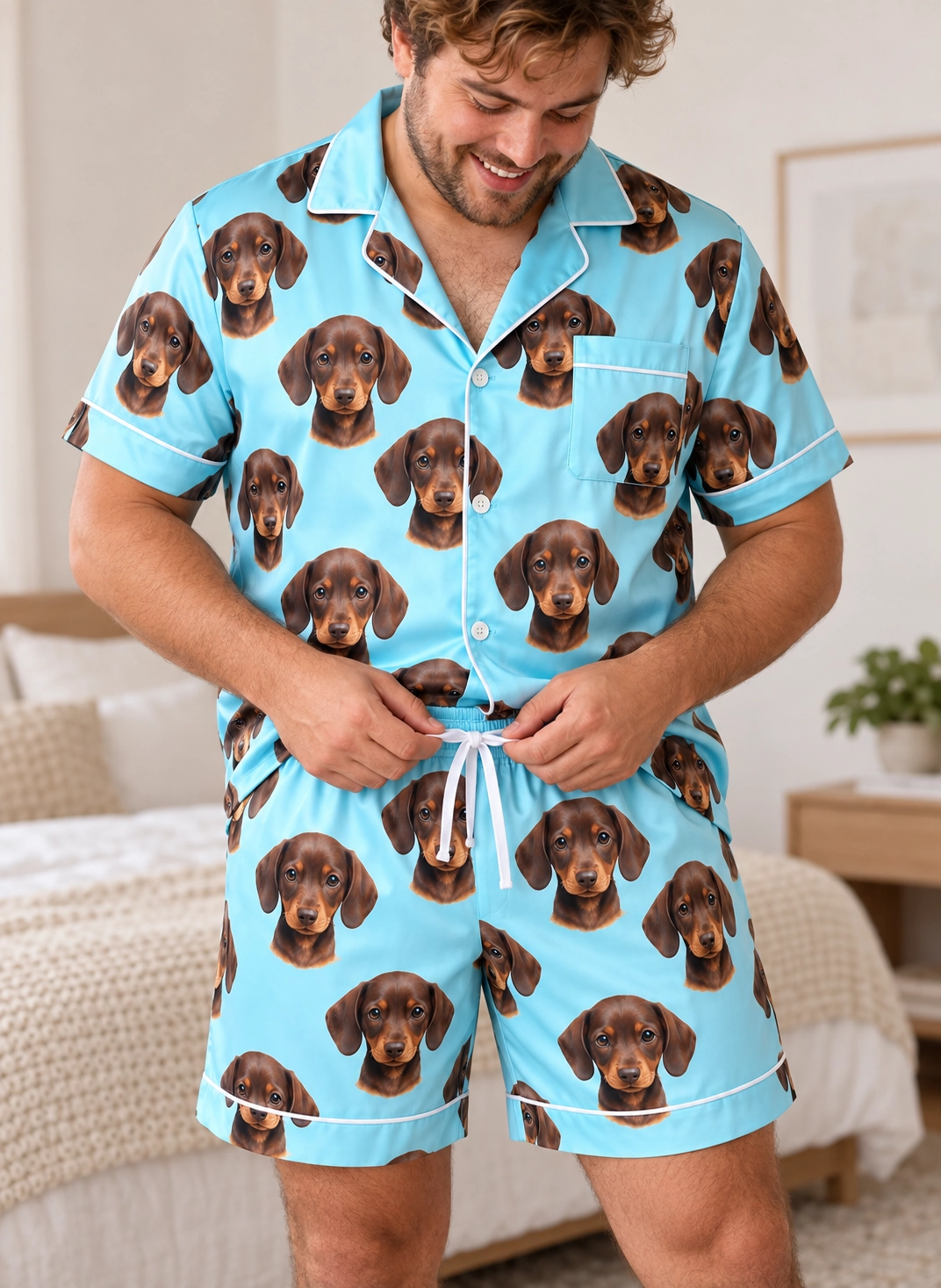 Men’s Pajamas – Front View, Light Blue | MyDogPics Man wearing mens pajamas covered in brown dachshund puppy faces on light blue satin — MyDogPics