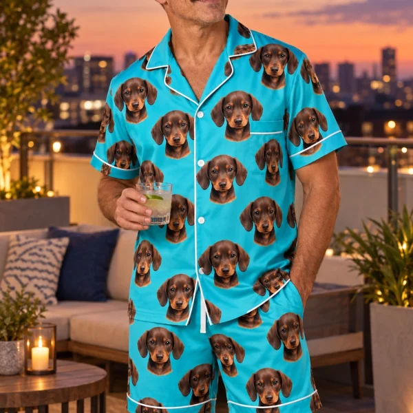 Man wearing mens pajamas covered in brown dachshund puppy faces on teal satin — MyDogPics