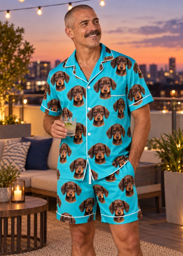 Man wearing mens pajamas covered in brown dachshund puppy faces on teal satin — MyDogPics
