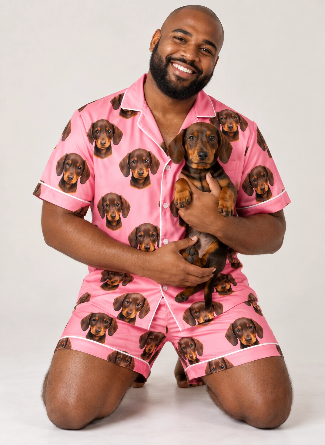 Men’s Pajamas – Holding Dog, Pink | MyDogPics Man in mens pajamas holding his dachshund — MyDogPics