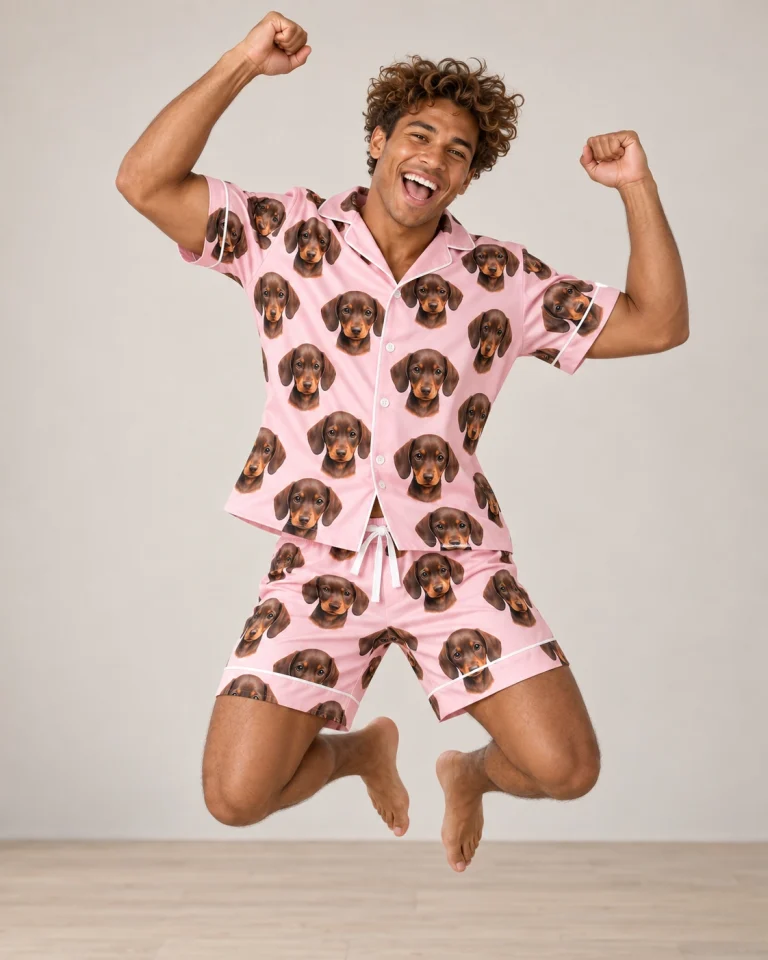 Man posing in mens pajamas, brown dachshund puppy faces on blush pink satin — MyDogPics