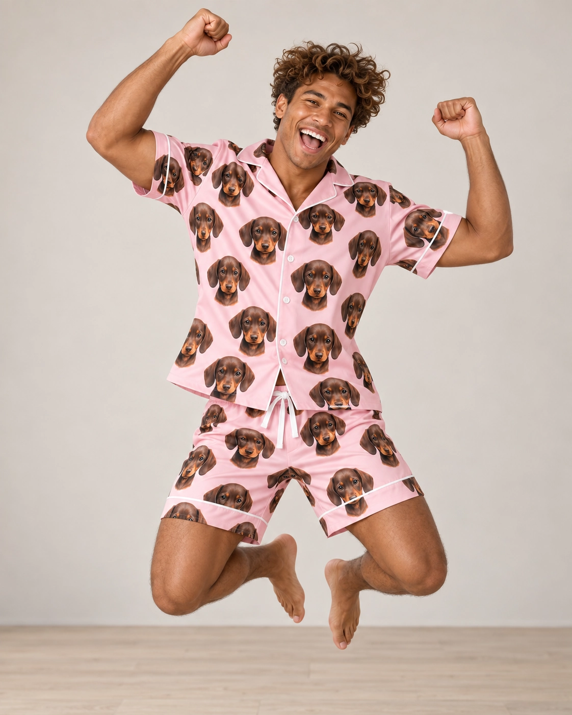 Men’s Pajamas – Pose, Blush Pink | MyDogPics Man posing in mens pajamas, brown dachshund puppy faces on blush pink satin — MyDogPics