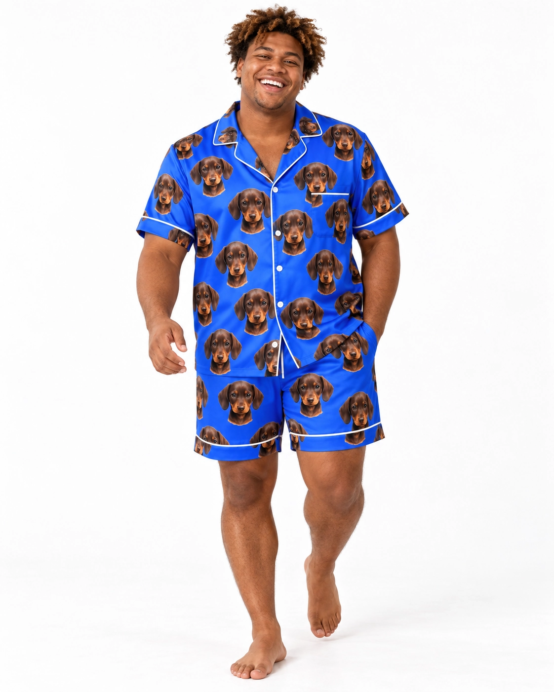 Men’s Pajamas – Pose, Royal Blue | MyDogPics Man posing in mens pajamas, brown dachshund puppy faces on royal blue satin — MyDogPics