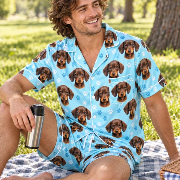 Man sitting in mens pajamas covered in brown dachshund puppy faces — MyDogPics