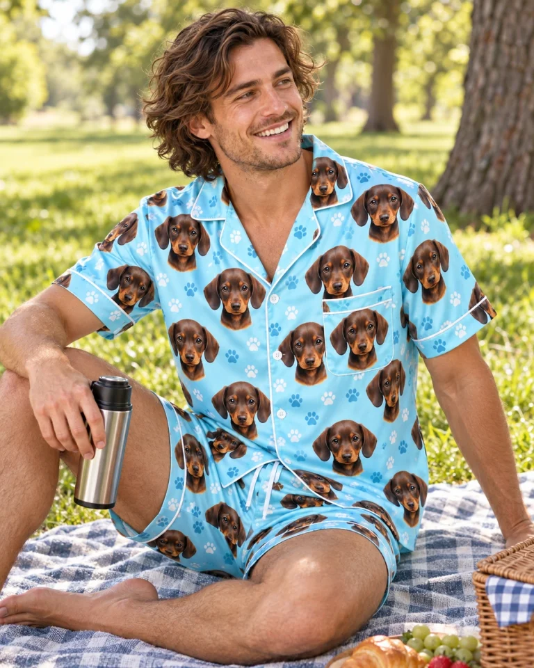 Man sitting in mens pajamas covered in brown dachshund puppy faces — MyDogPics