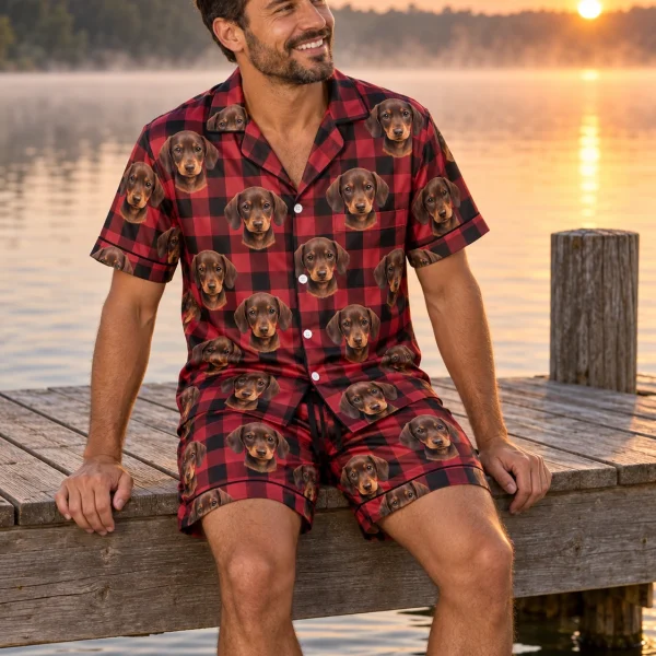 Man sitting in mens pajamas covered in brown dachshund puppy faces — MyDogPics