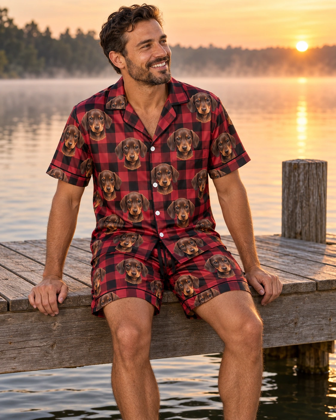 Men’s Pajamas – Sitting, Red Plaid | MyDogPics Man sitting in mens pajamas covered in brown dachshund puppy faces — MyDogPics