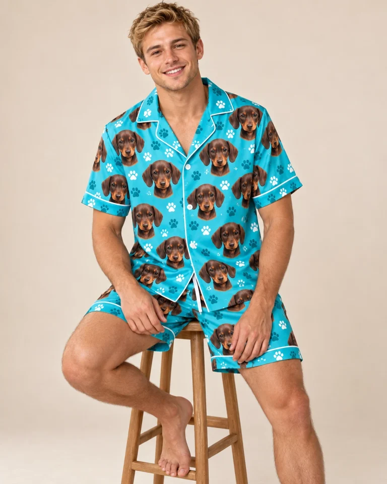 Man sitting in mens pajamas covered in brown dachshund puppy faces — MyDogPics