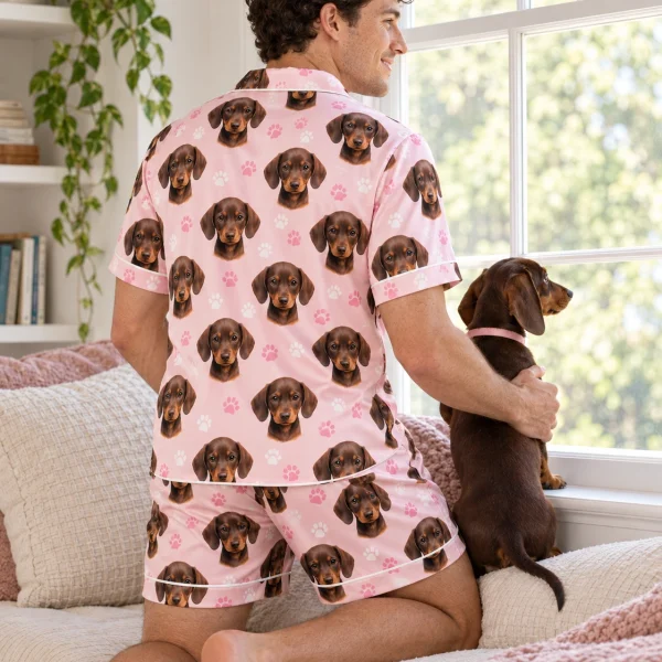 Man in mens pajamas with his dachshund — MyDogPics