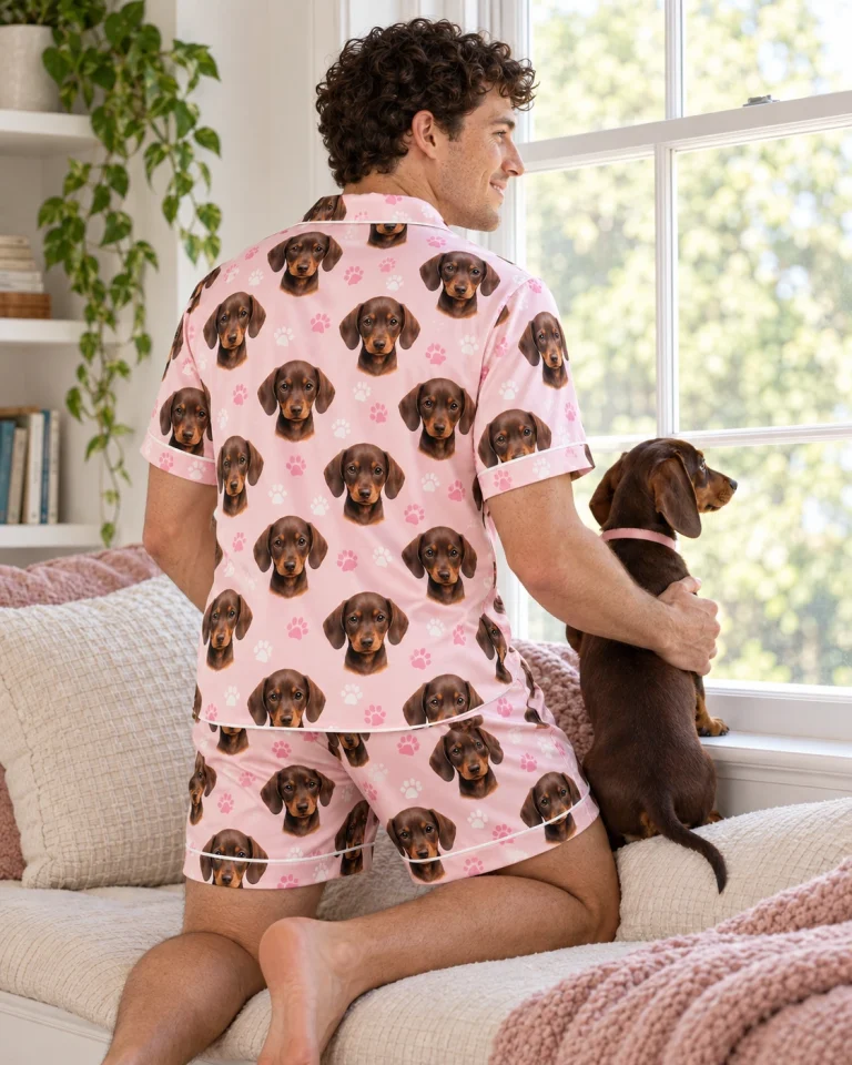 Man in mens pajamas with his dachshund — MyDogPics