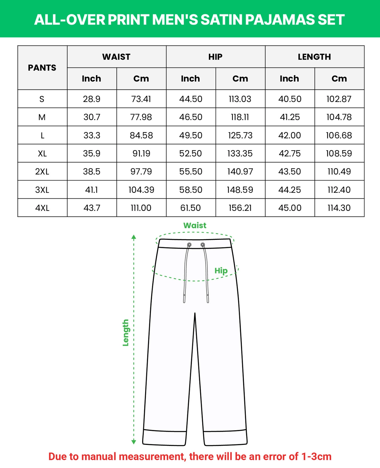 Mens satin pajamas size chart – pants (S–4XL) | MyDogPics Mens satin pajamas size chart — pants (S–4XL) in inches and cm — MyDogPics