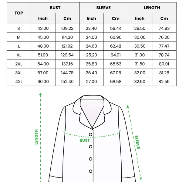 Mens satin pajamas size chart — top (S–4XL) in inches and cm — MyDogPics