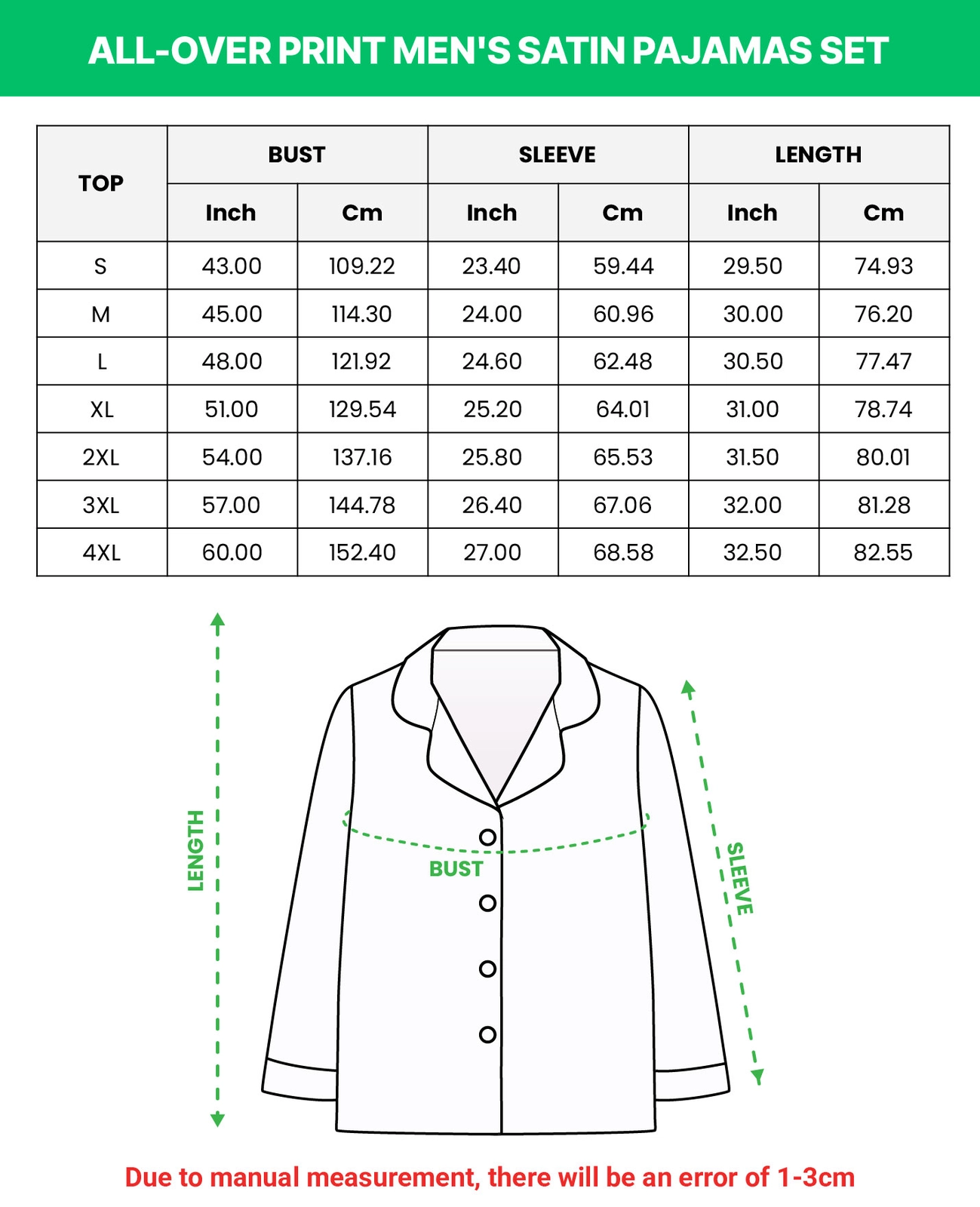 Mens satin pajamas size chart – top (S–4XL) | MyDogPics Mens satin pajamas size chart — top (S–4XL) in inches and cm — MyDogPics
