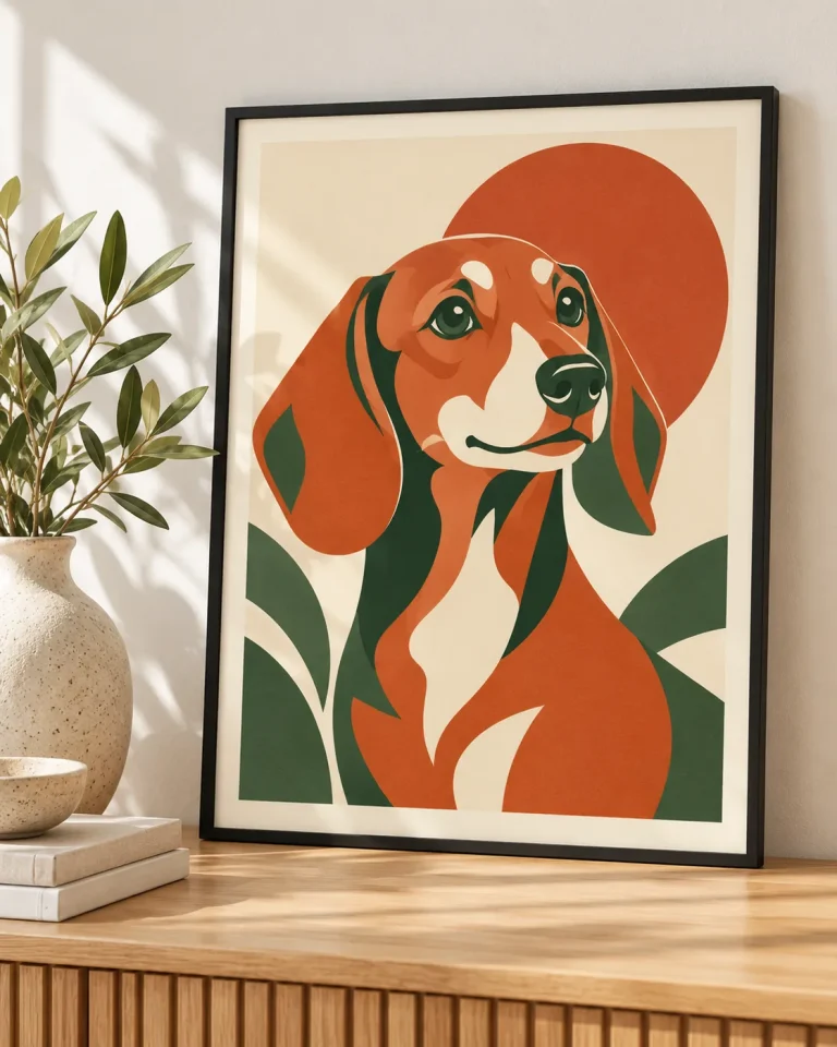 Framed minimalist pop-art dachshund print leaning on an oak console — MyDogPics modern pet portraits
