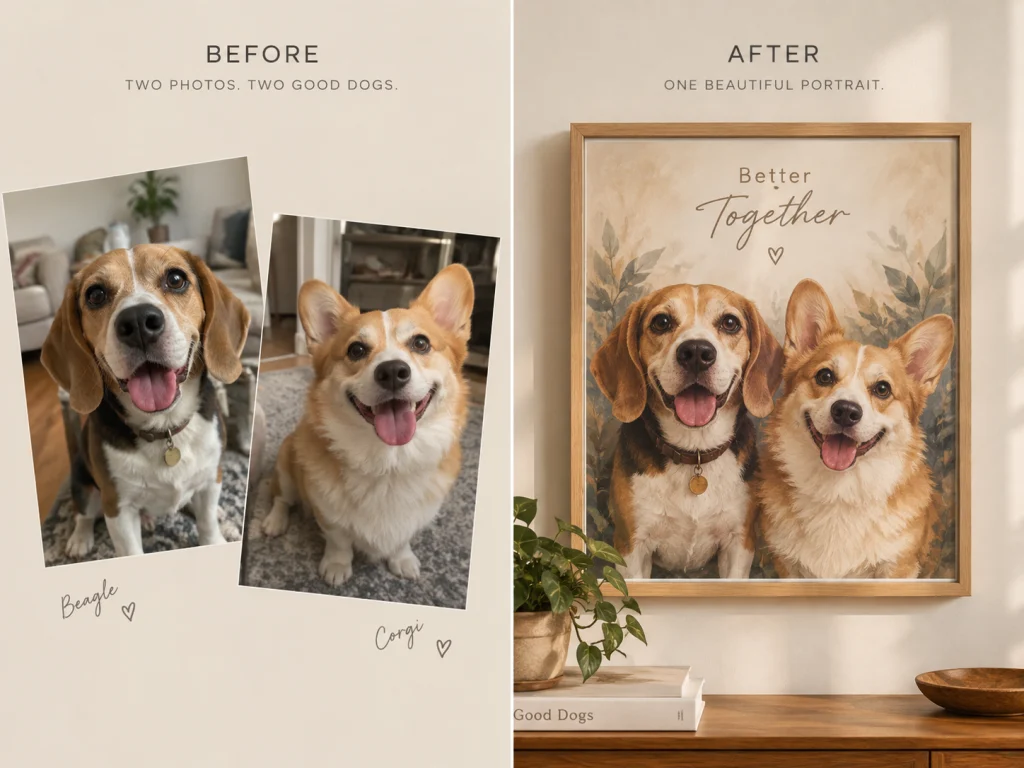 Beagle and corgi printed together on one custom dog portrait print — MyDogPics