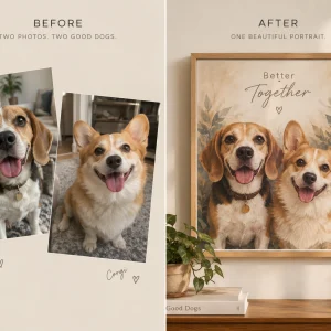 Two dog photos, a beagle and a corgi, combined into one custom multi-dog portrait — MyDogPics