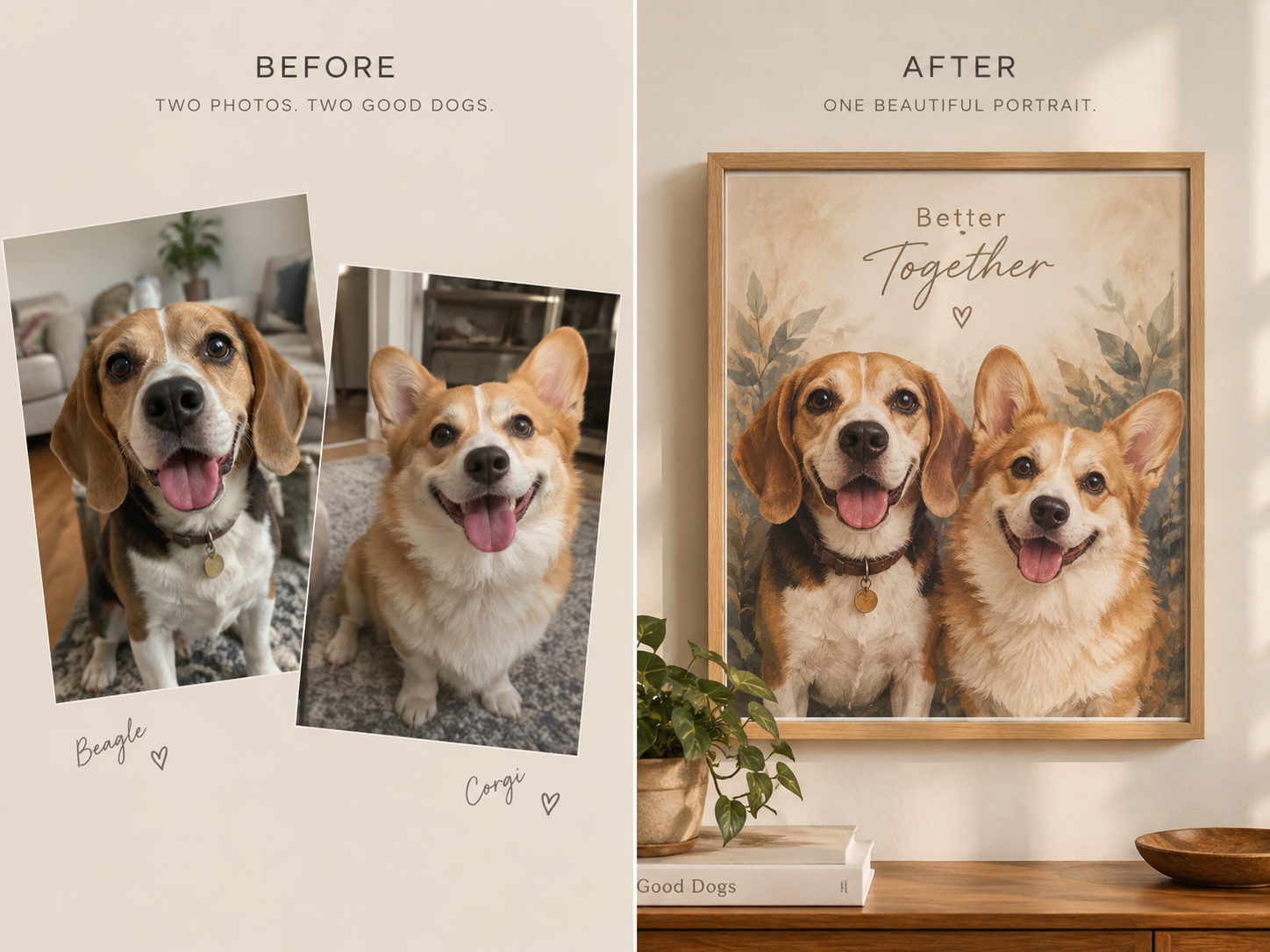 Two dog photos, a beagle and a corgi, combined into one custom multi-dog portrait — MyDogPics