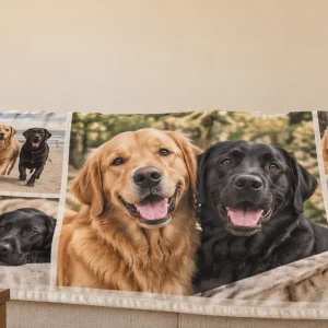 Custom photo blanket with a golden retriever and a black labrador on it — MyDogPics multi-dog gifts