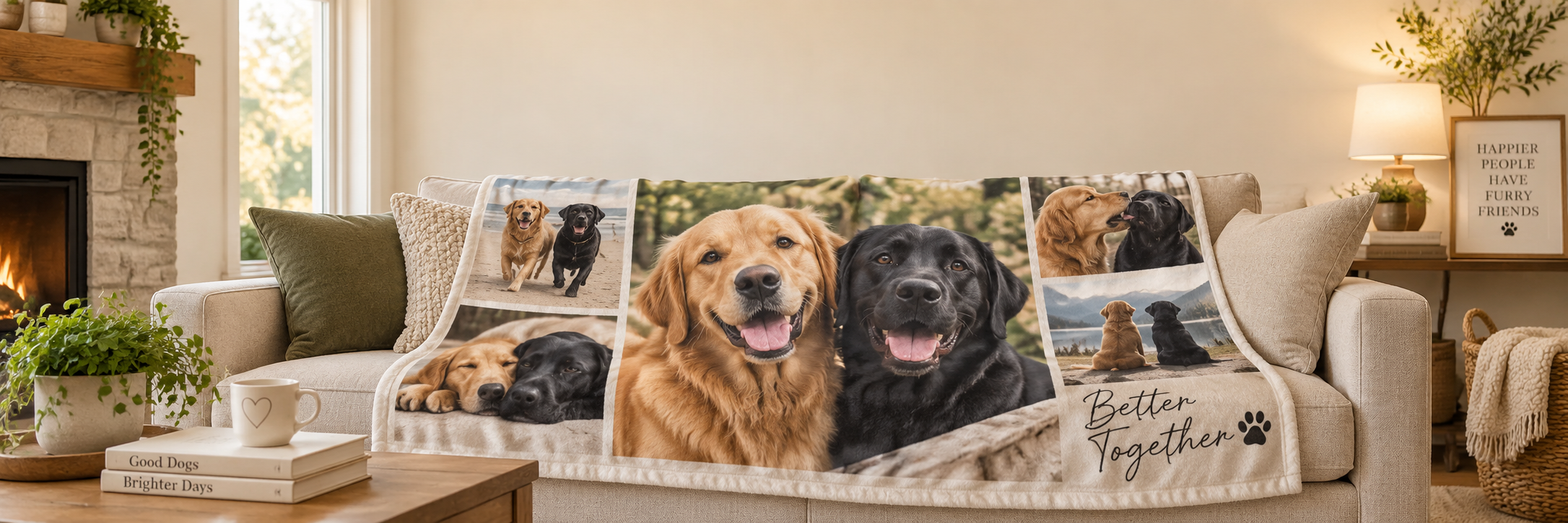 Multi-Dog Gifts Hero — Golden Retriever and Labrador Blanket | MyDogPics Custom photo blanket with a golden retriever and a black labrador on it — MyDogPics multi-dog gifts