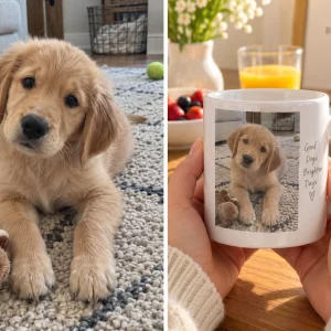 Labrador puppy photo turned into a custom photo mug, held at a breakfast table — MyDogPics