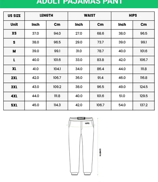 Adult pajama pants size chart (XS–5XL) in inches and cm — MyDogPics