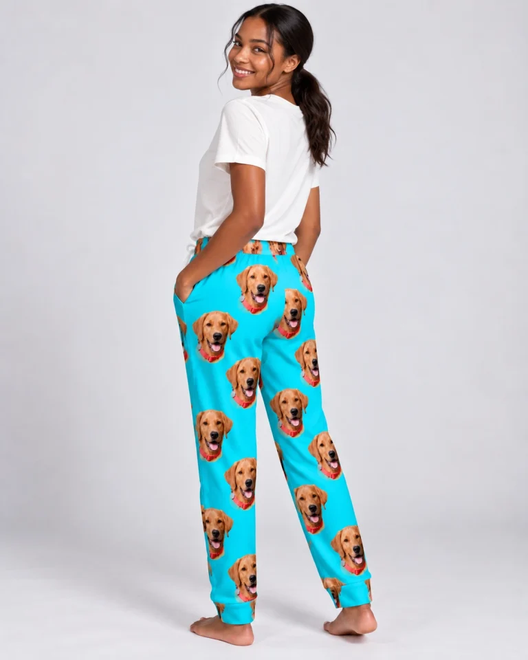 Back view of a pajama pants women: the print continues all the way round — MyDogPics