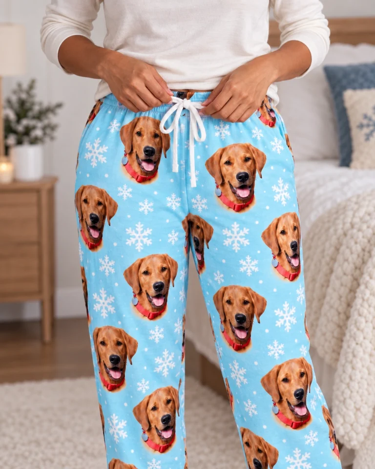 Close-up of the pajama pants women print: golden retriever faces on light blue snowflake fabric — MyDogPics