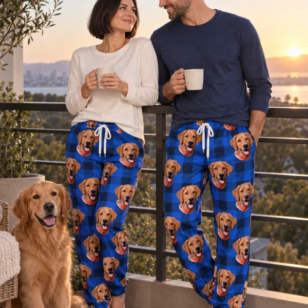 Woman and her partner in matching pajama pants women with golden retriever faces on blue plaid fabric — MyDogPics