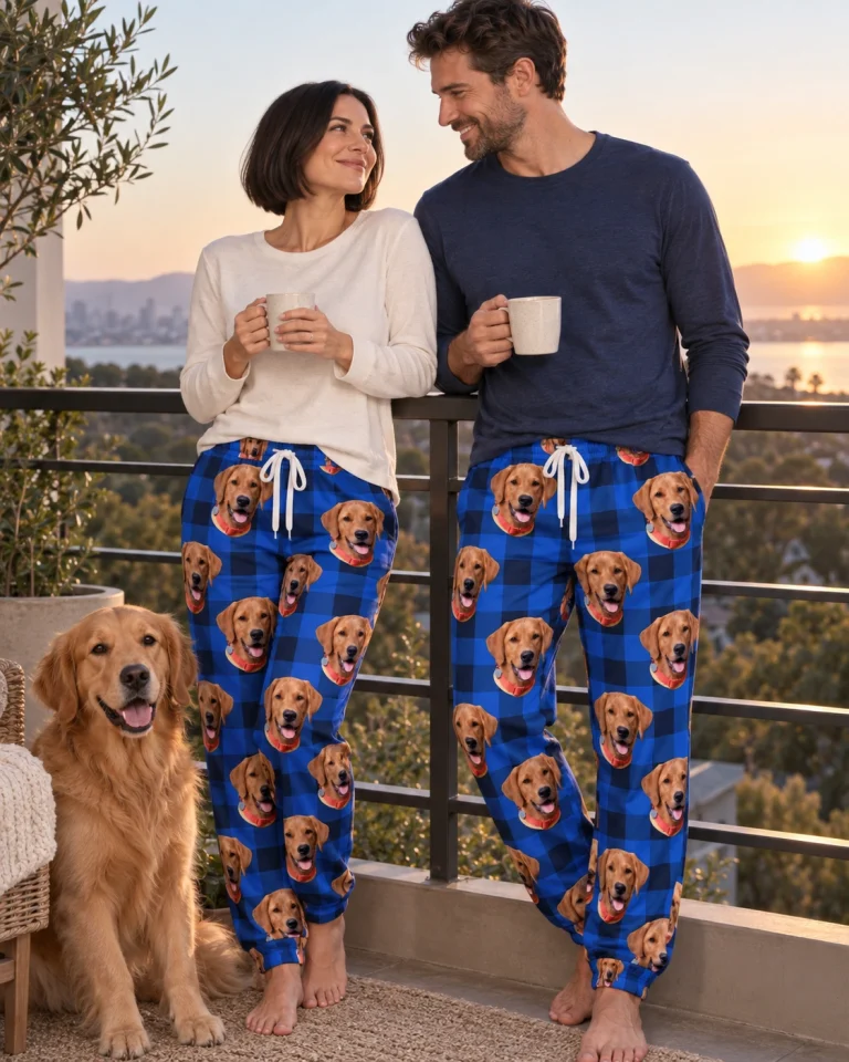 Woman and her partner in matching pajama pants women with golden retriever faces on blue plaid fabric — MyDogPics