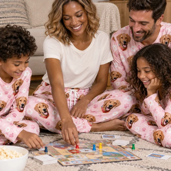 Woman and family in matching pajama pants women with golden retriever faces on blush pink paw-print fabric — MyDogPics