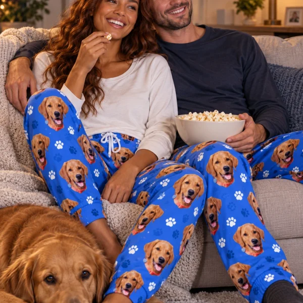 Woman and her partner in matching pajama pants women with golden retriever faces on royal blue paw-print fabric — MyDogPics