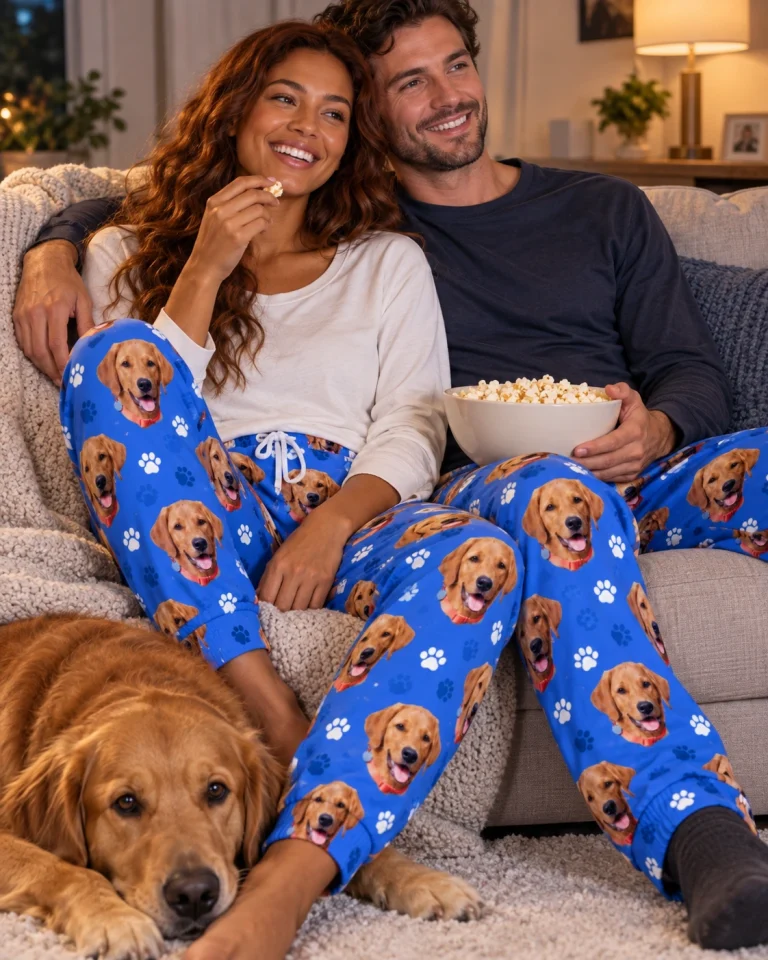 Woman and her partner in matching pajama pants women with golden retriever faces on royal blue paw-print fabric — MyDogPics